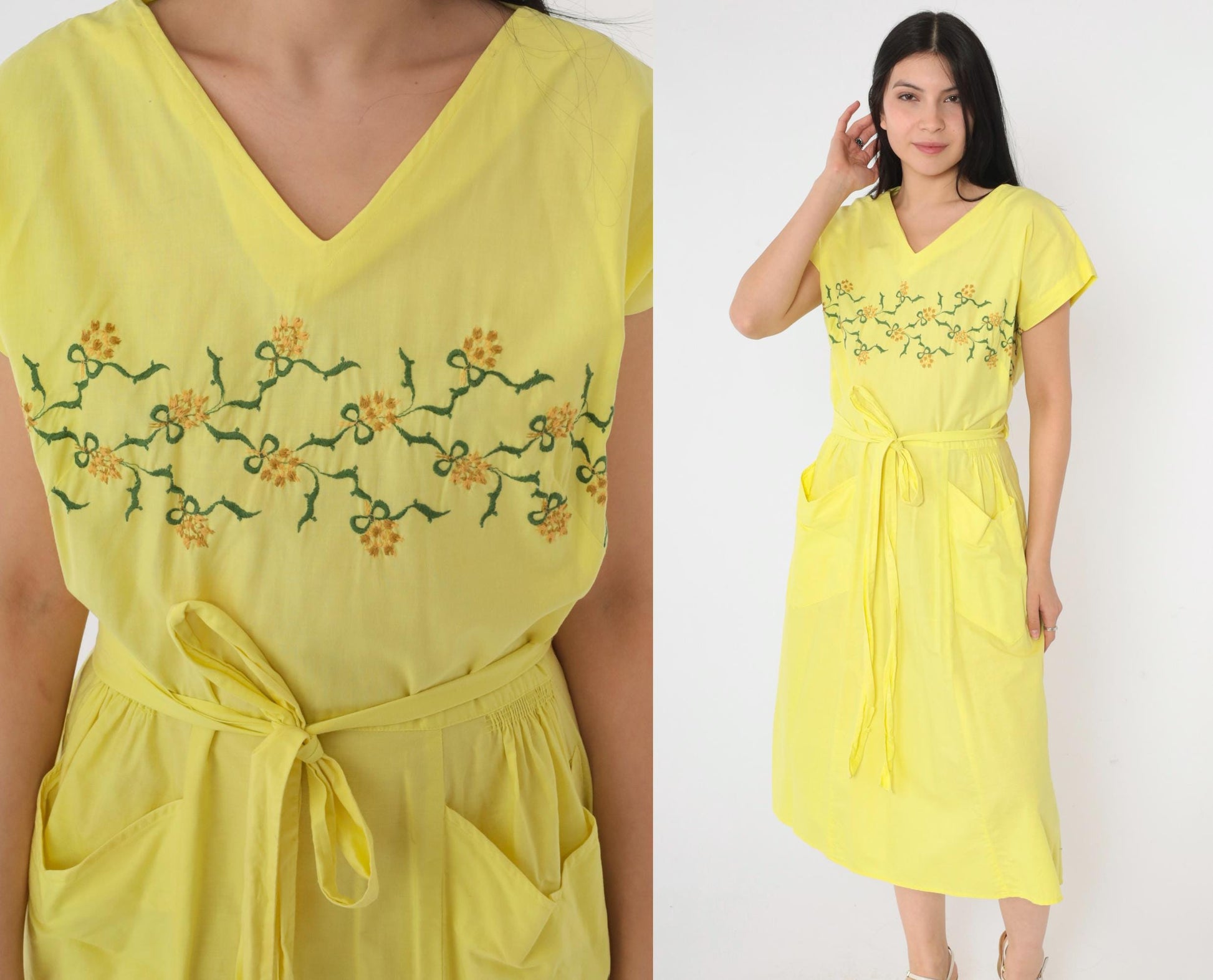 60s Yellow Floral Wrap Dress Embroidered V-Neck Midi Front Pockets Medium Large