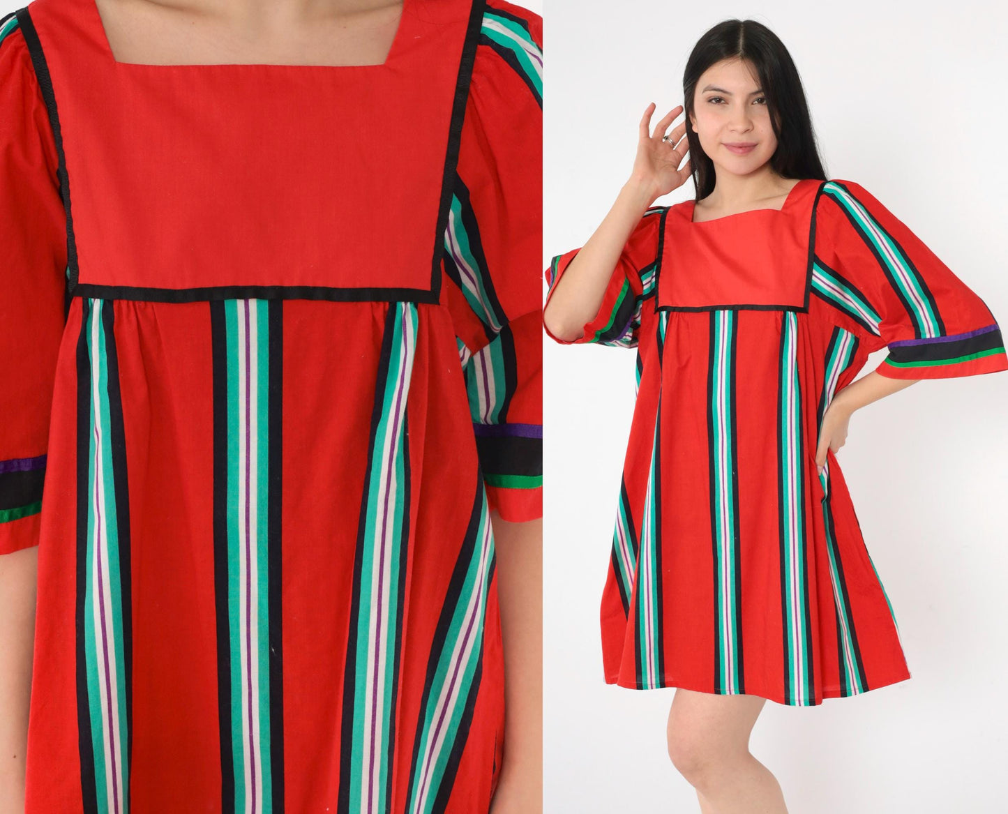 70s Liberty House Hawaiian Mini Dress Red Striped Tent Cut Medium