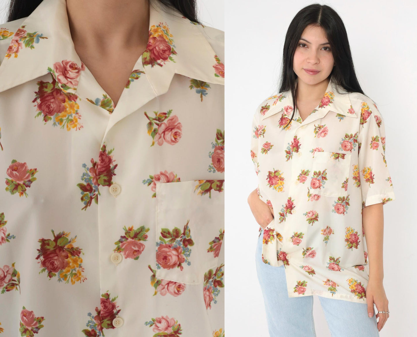 70s Pink Floral Rose Print Button Up Shirt Dagger Collar Men's Large