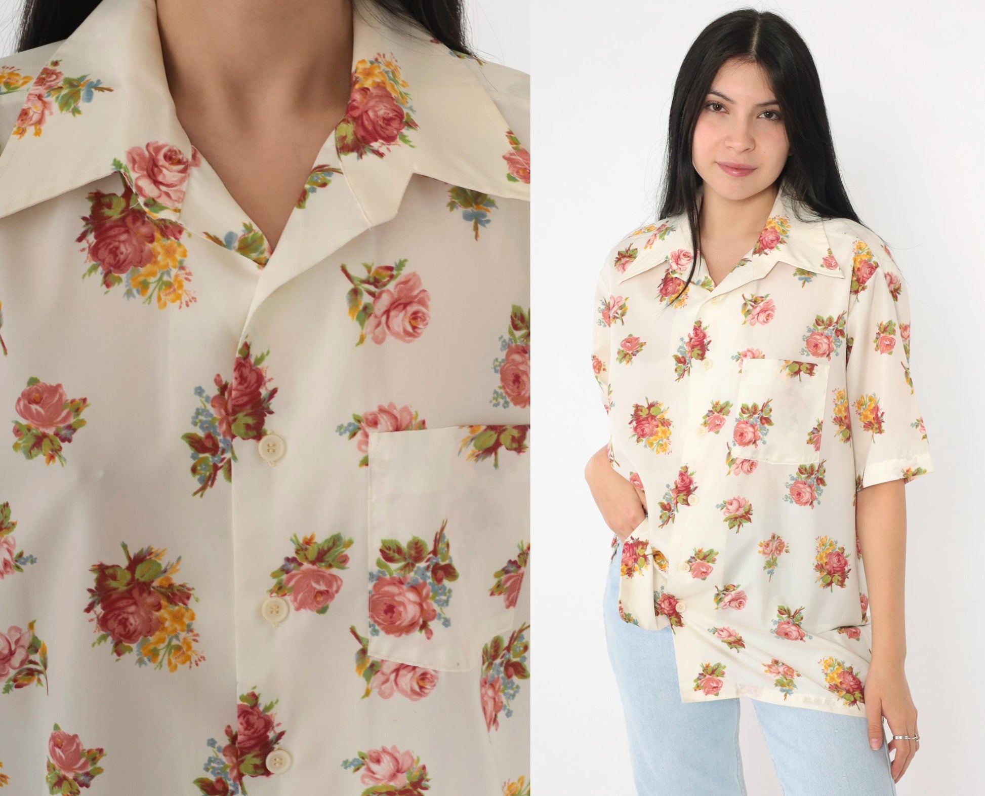 70s Pink Floral Rose Print Button Up Shirt Dagger Collar Men's Large