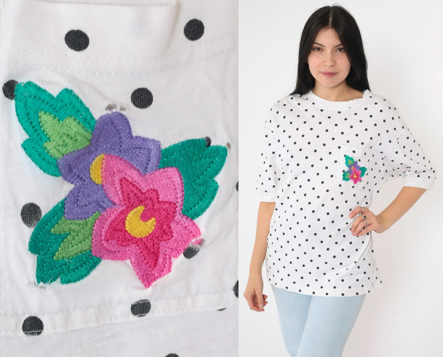 90s IZOD Polka Dot Cotton T-Shirt White Black Floral Pocket Medium M