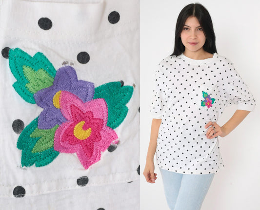 90s IZOD Polka Dot Cotton T-Shirt White Black Floral Pocket Medium M