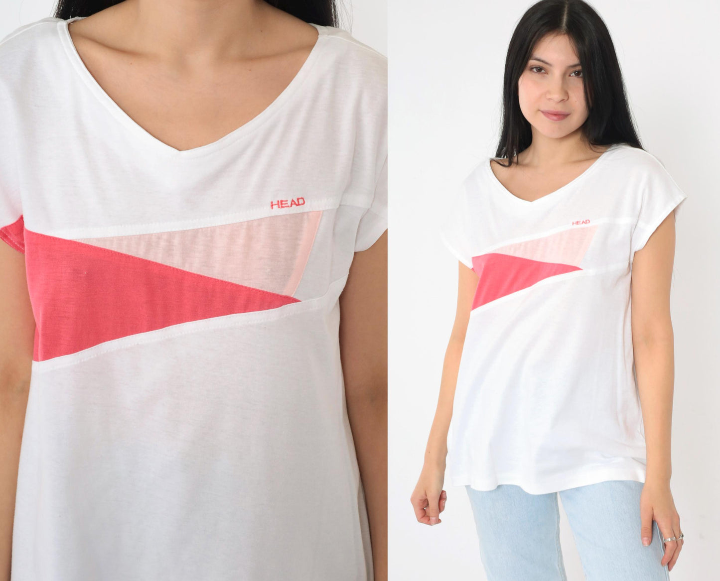 80s Head Tennis T-Shirt White Pink Colour Block V-Neck Medium M