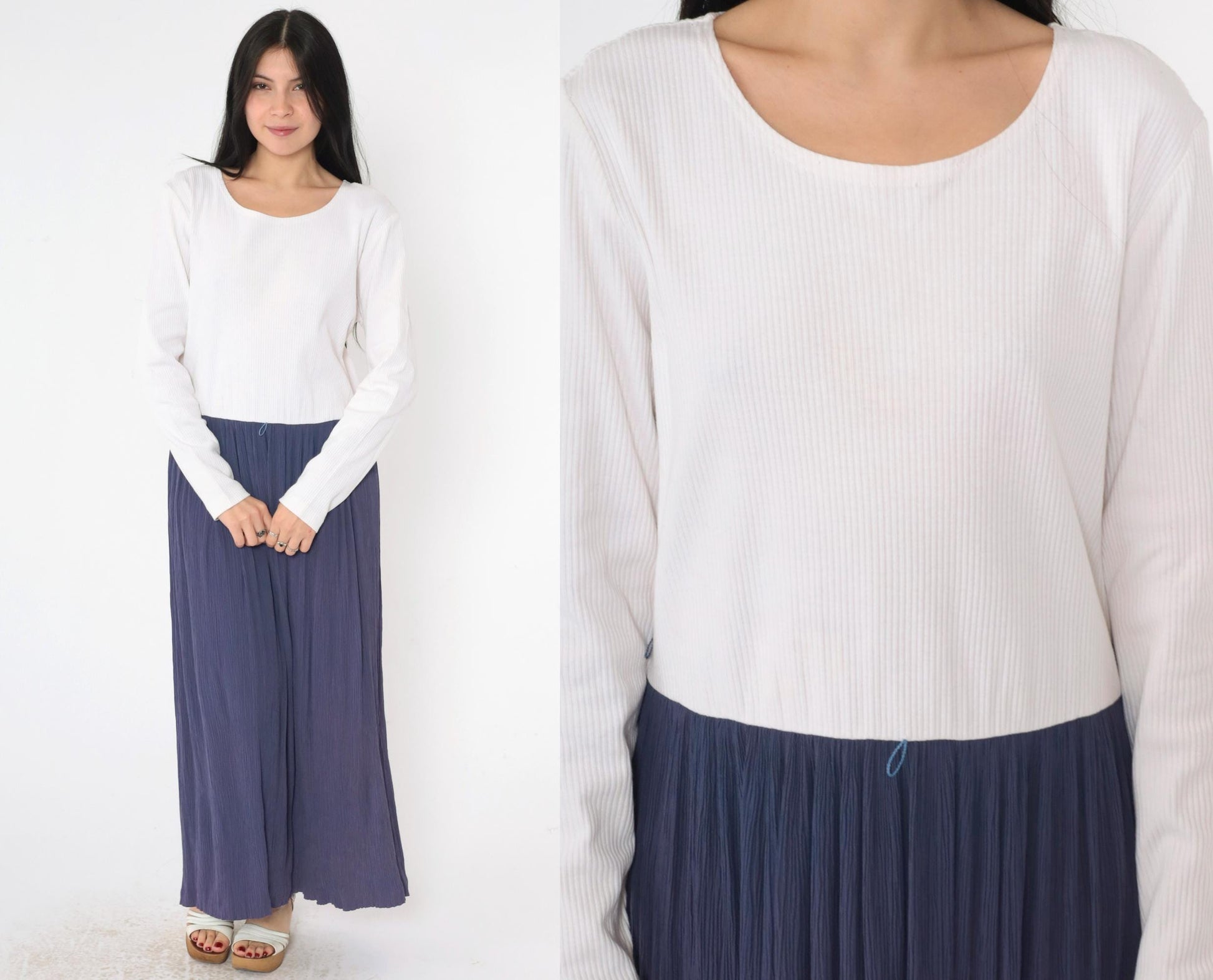 90s Two Tone Maxi Dress Blue White Long Sleeve Low Waist Large 12