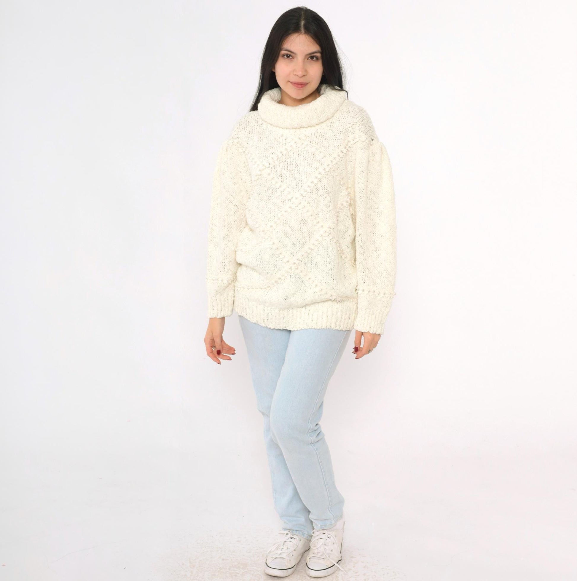 80s Bonnie and Bill Cream Pearl Beaded Turtleneck Sweater Medium