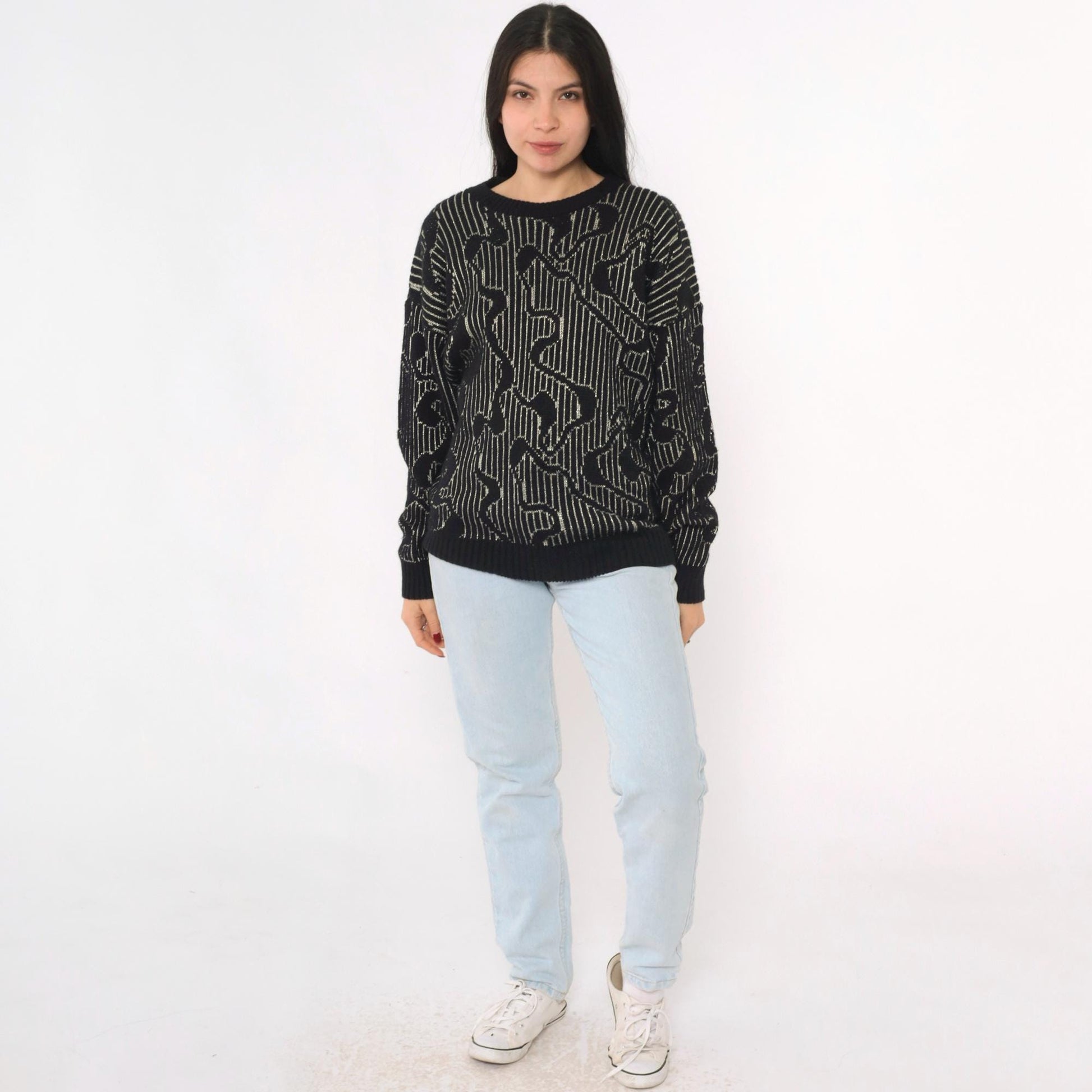 80s Black Metallic Striped Sweater Silver Abstract Knit Small Medium