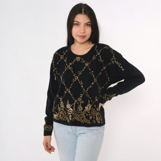 80s Cervelle Black Sequin Wool Angora Sweater Gold Floral Beaded Medium M