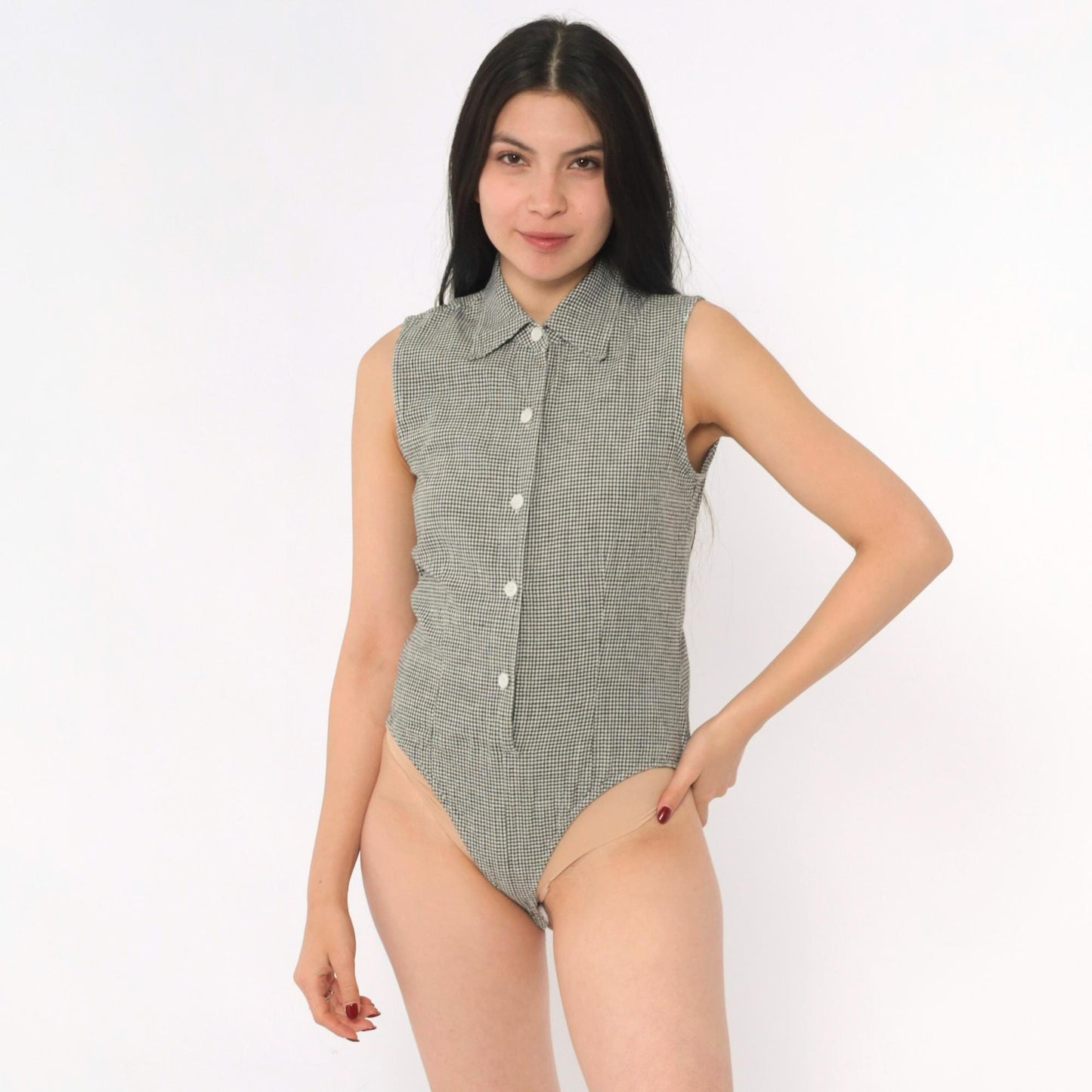 90s DKNY Gingham Bodysuit Sleeveless Collared Button-Up Black White XS