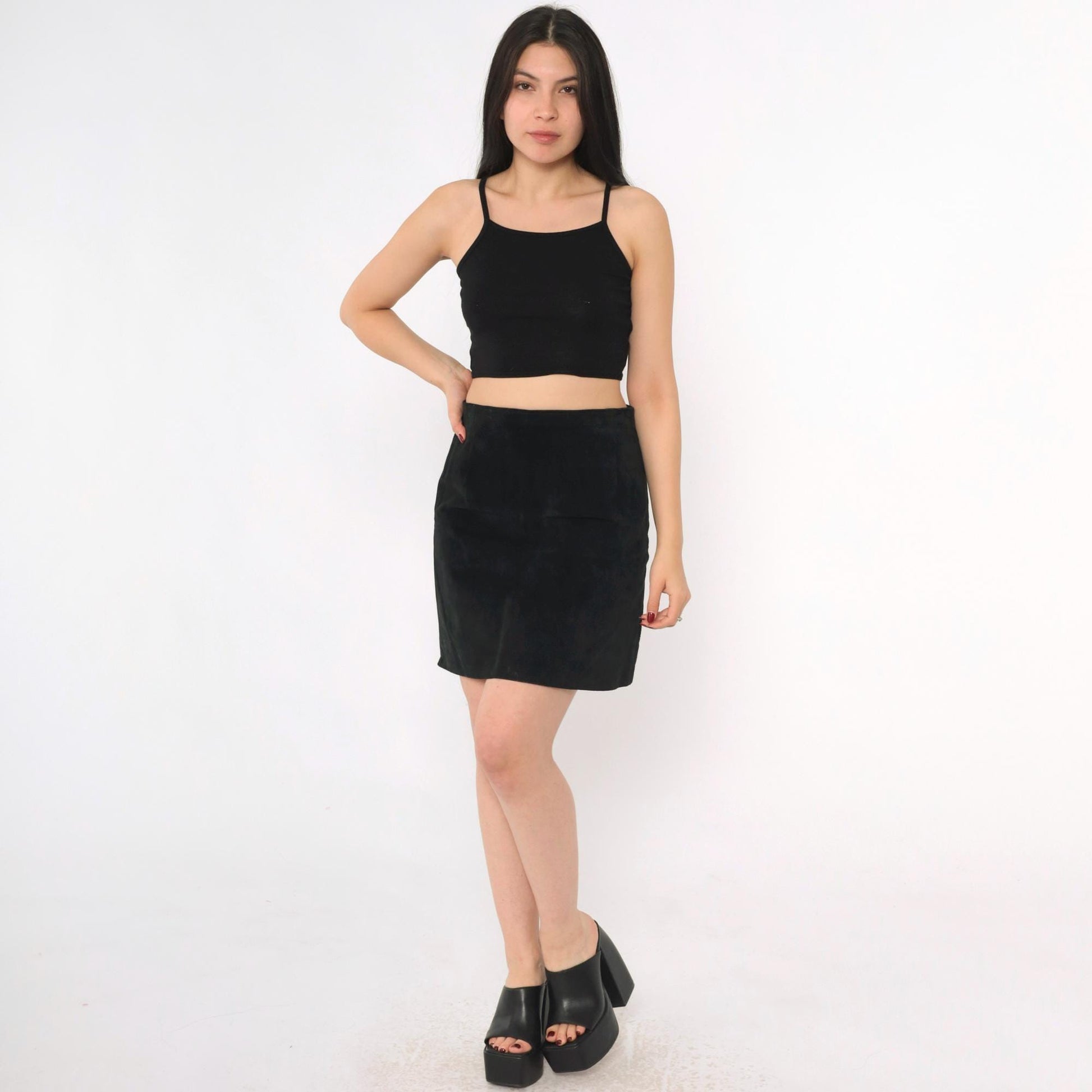 90s Contempo Casuals Black Suede Mini Skirt High Waist Pencil Small S
