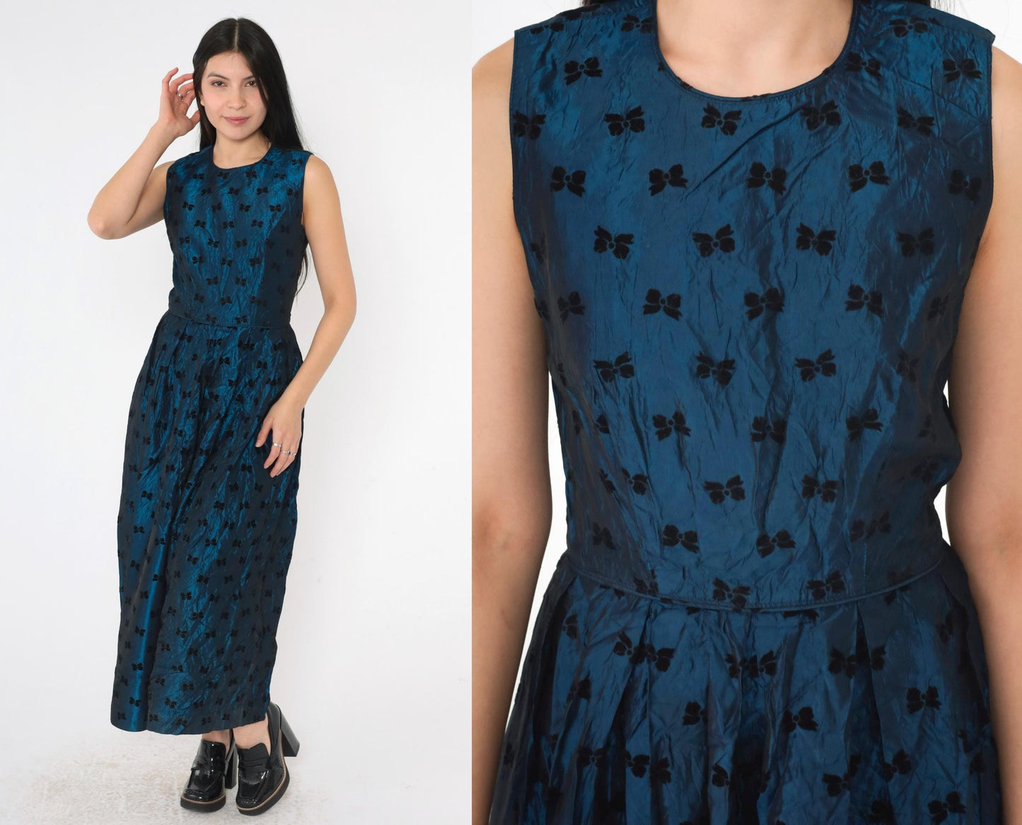 90s Susan Bristol Blue Taffeta Bow Print Midi Party Dress Extra Small