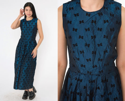 90s Susan Bristol Blue Taffeta Bow Print Midi Party Dress Extra Small