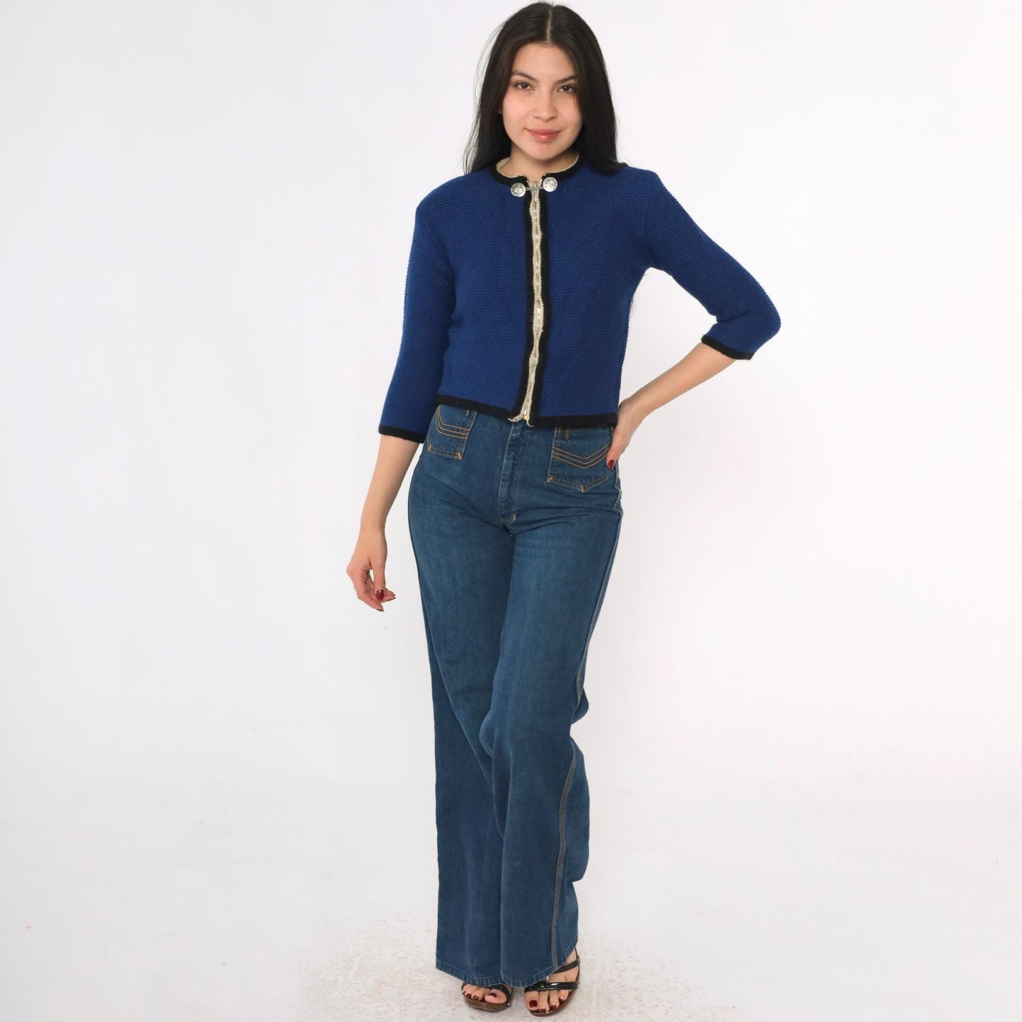 60s Blue Wool Cardigan Cropped Zip Coin Button 3/4 Sleeve Extra Small