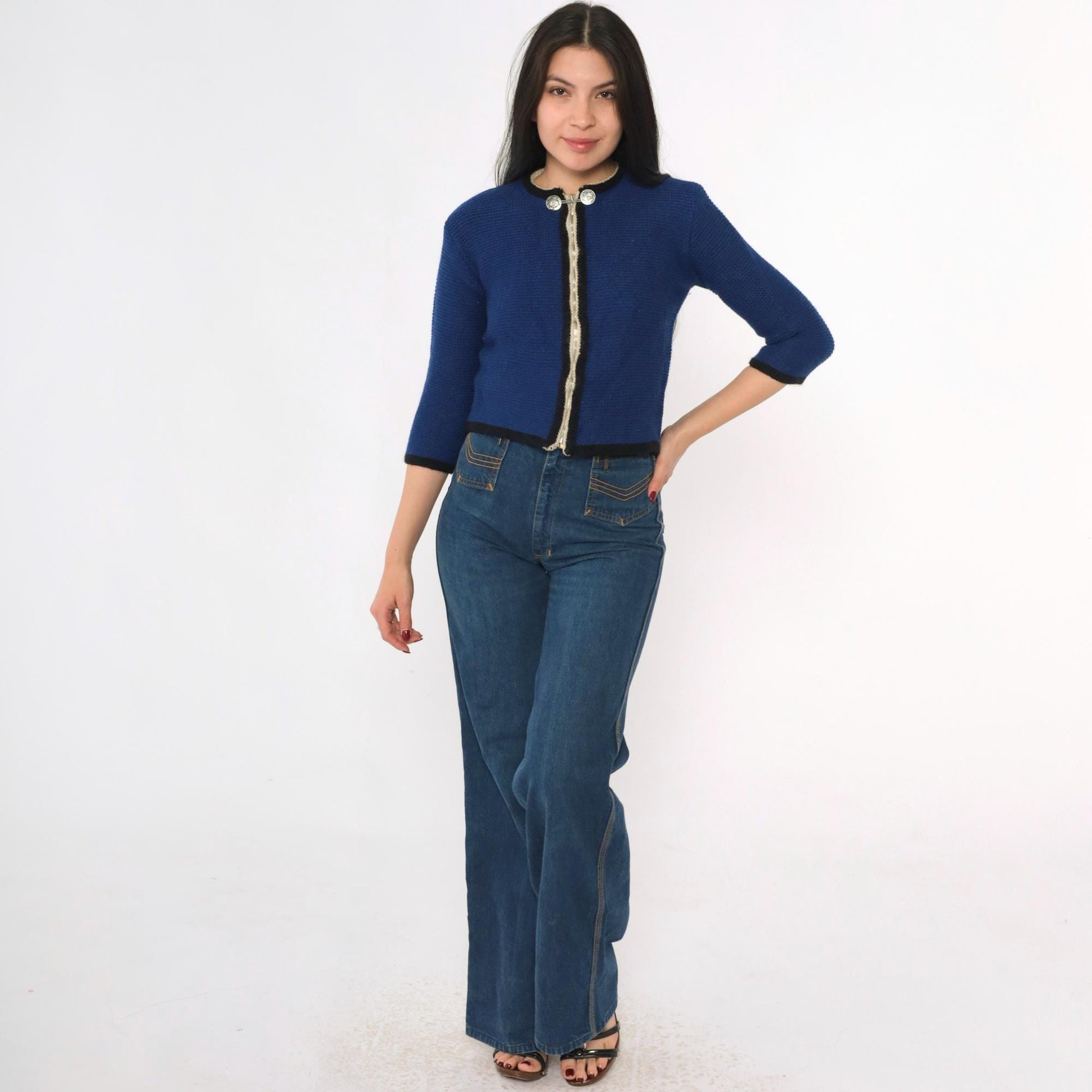 60s Blue Wool Cardigan Cropped Zip Coin Button 3/4 Sleeve Extra Small