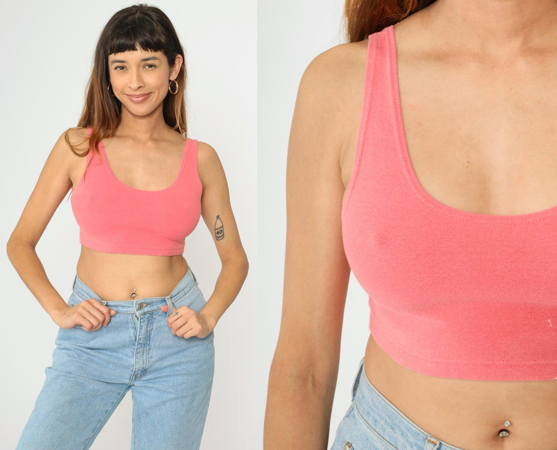 80s Express Pink Crop Tank Top Scoop Neck Bodycon Small