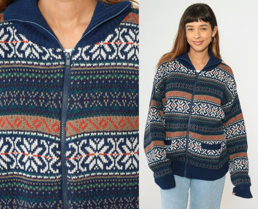 00s Fair Isle Cardigan Navy Blue Zip-Up Knit Sweater Large L