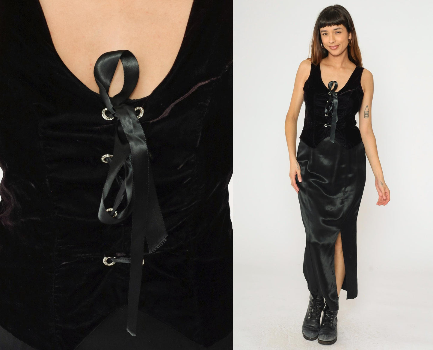 90s Black Satin Maxi Dress Velvet Lace-Up Bodice Sleeveless Medium