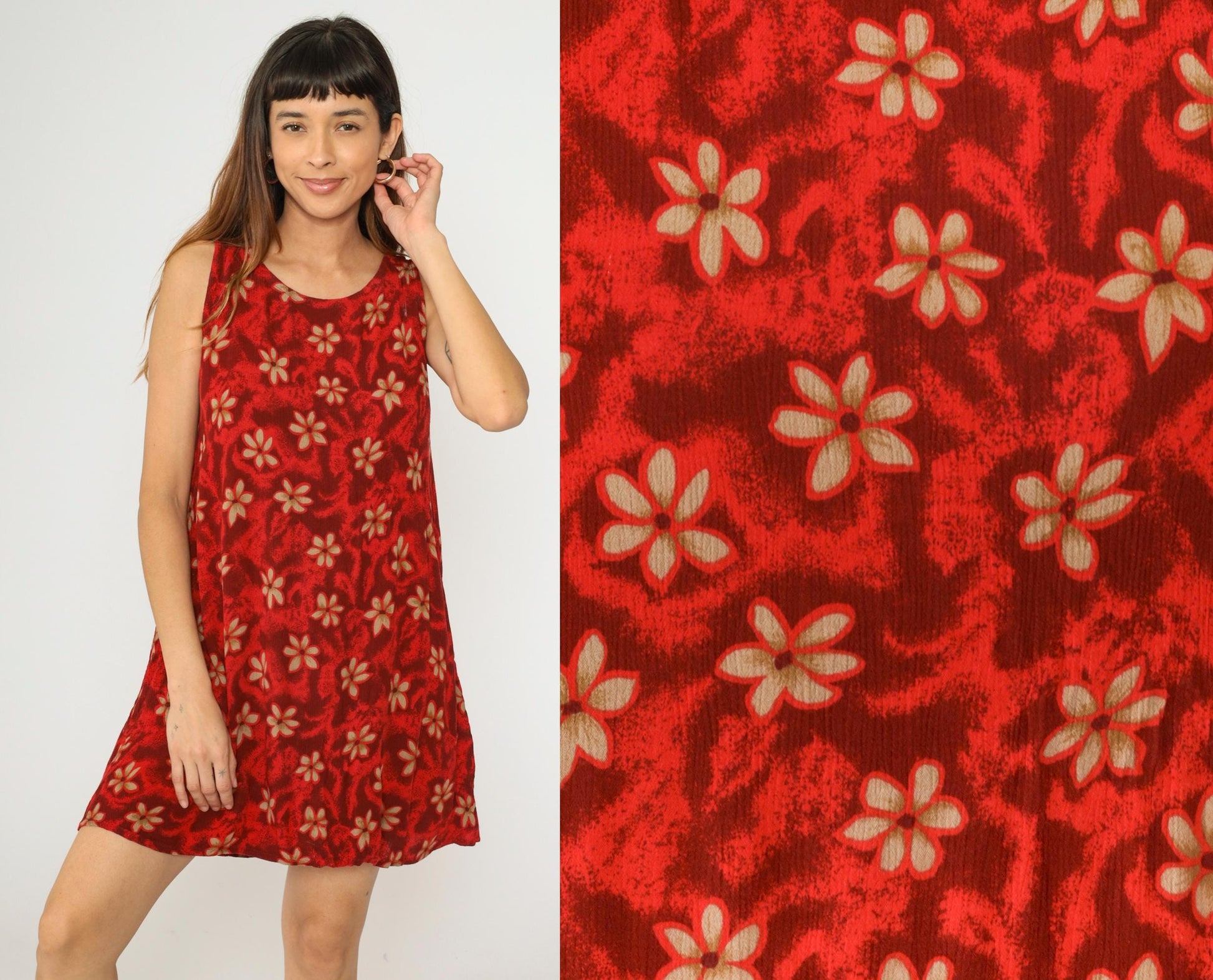 90s Red Floral Hawaiian Mini Dress Sleeveless A-Line Sundress Small