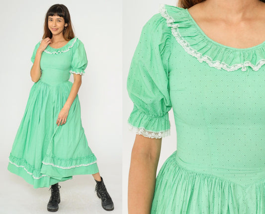 1960s Mint Green Polka Dot Puff Sleeve Maxi Dress High Waist Extra Small