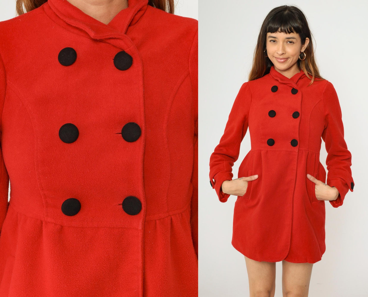 90s Red Wool Peacoat Double Breasted Princess Seams XXS