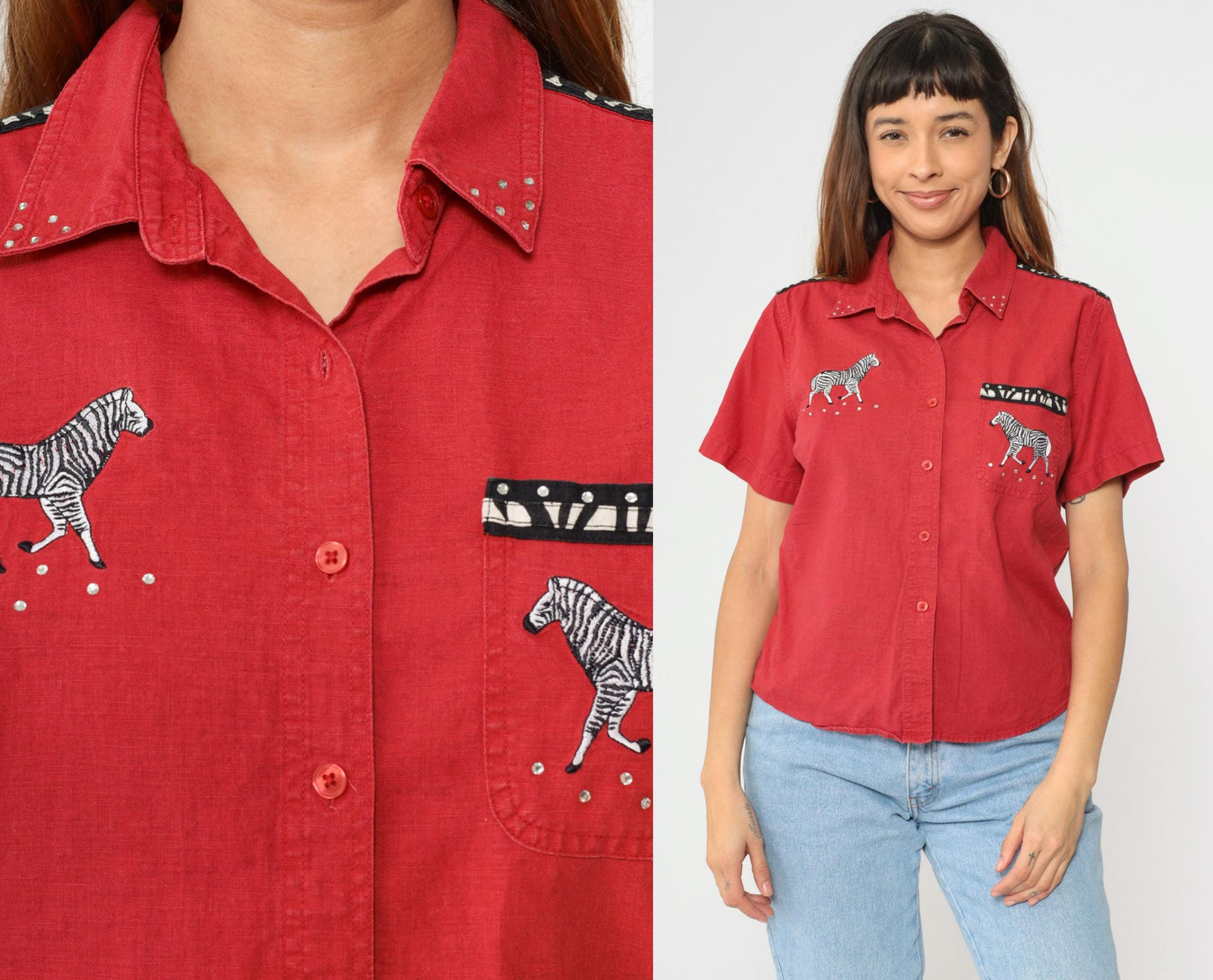 90s Cabin Creek Zebra Rhinestone Button-Up Blouse Red Linen Cotton Petite Large