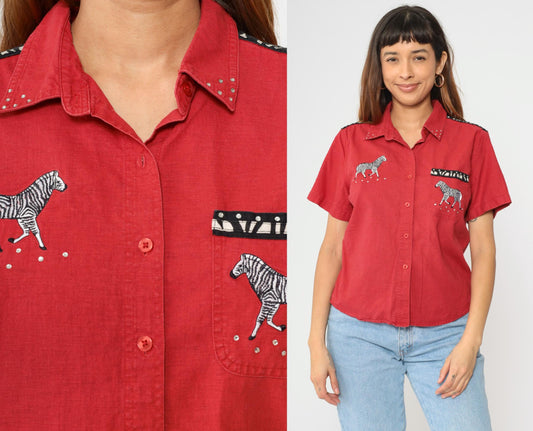 90s Cabin Creek Zebra Rhinestone Button-Up Blouse Red Linen Cotton Petite Large
