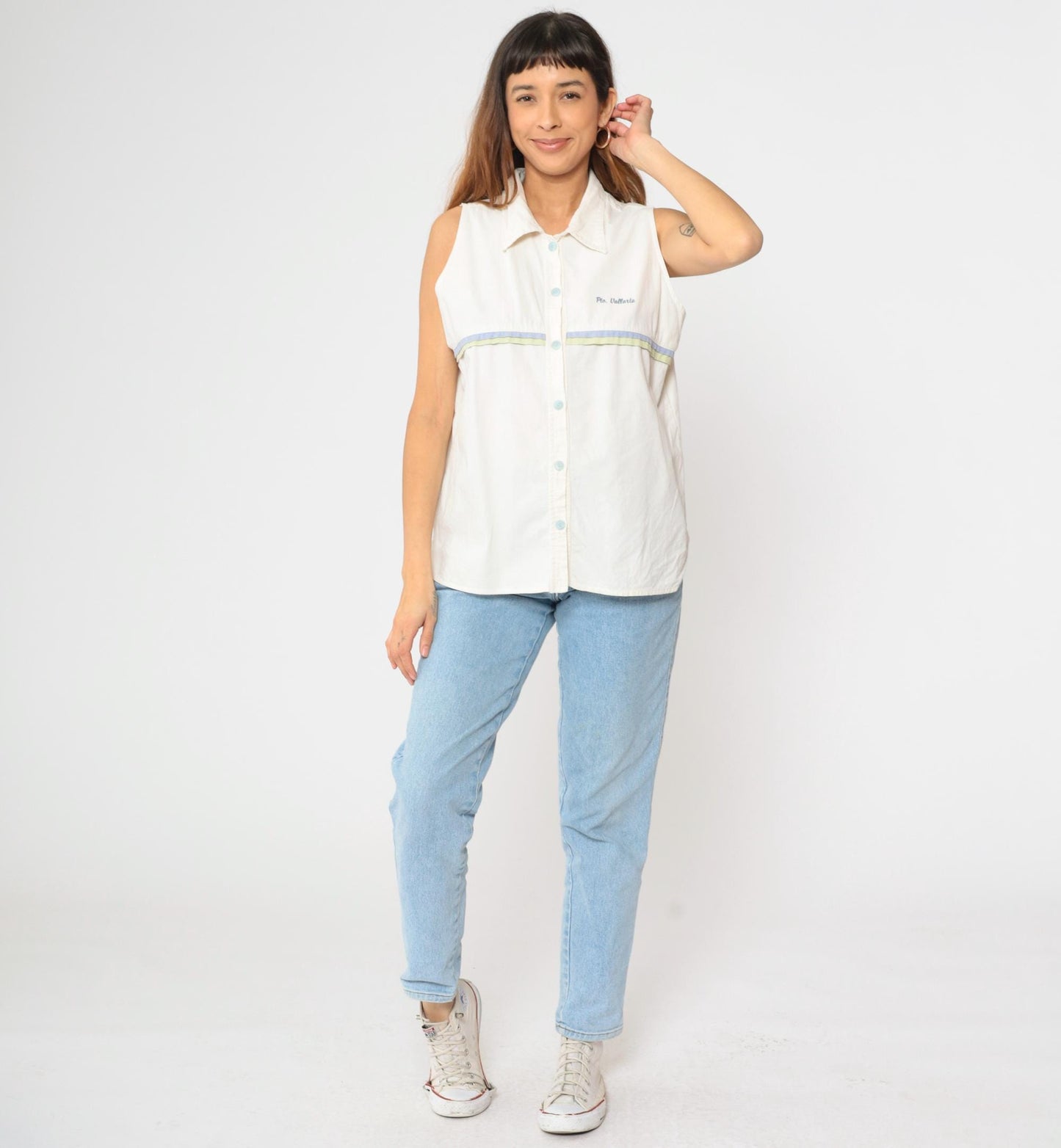90s Puerto Vallarta White Striped Sleeveless Button-Up Blouse Extra Large