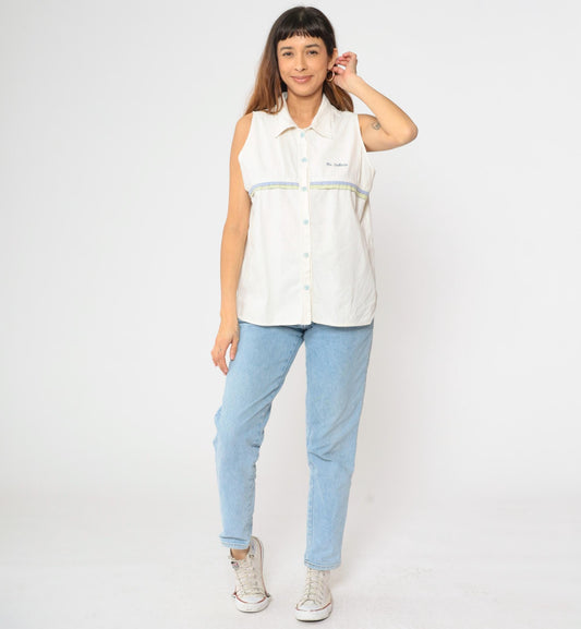 90s Puerto Vallarta White Striped Sleeveless Button-Up Blouse Extra Large