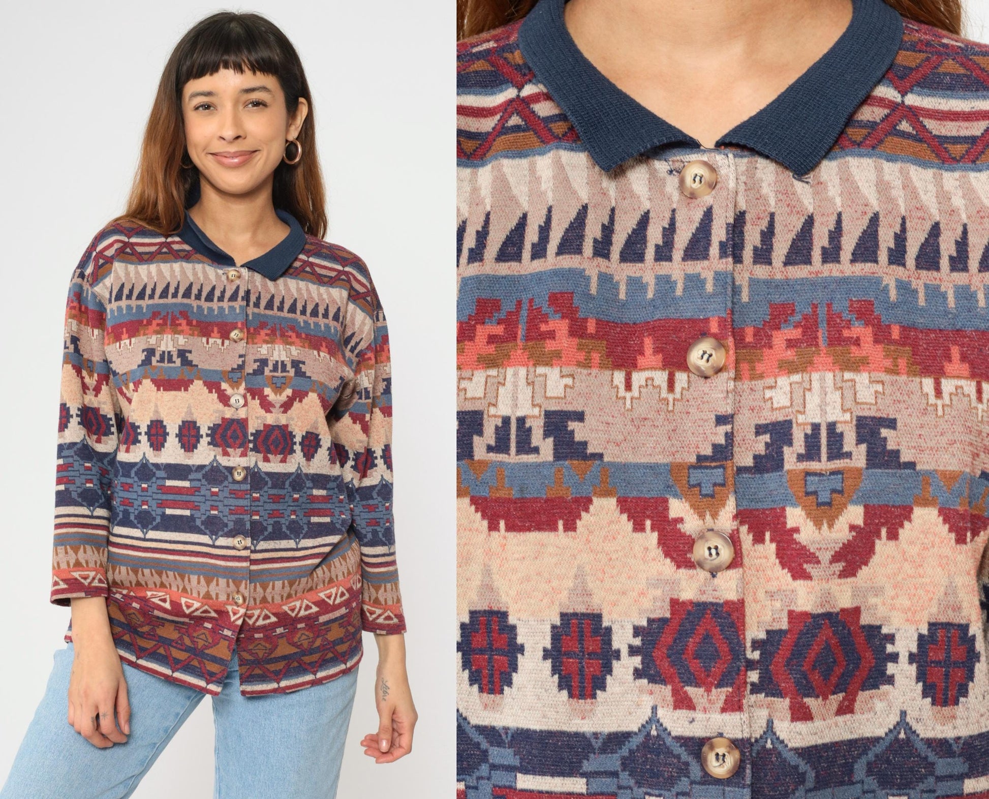 90s Southwestern Tapestry Button Up Blouse Navy Blue Red Long Sleeve Extra Small