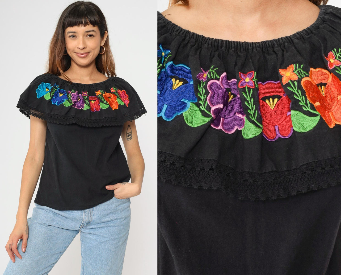 90s Mexican Floral Embroidered Blouse Black Off-Shoulder Crochet Peasant Small