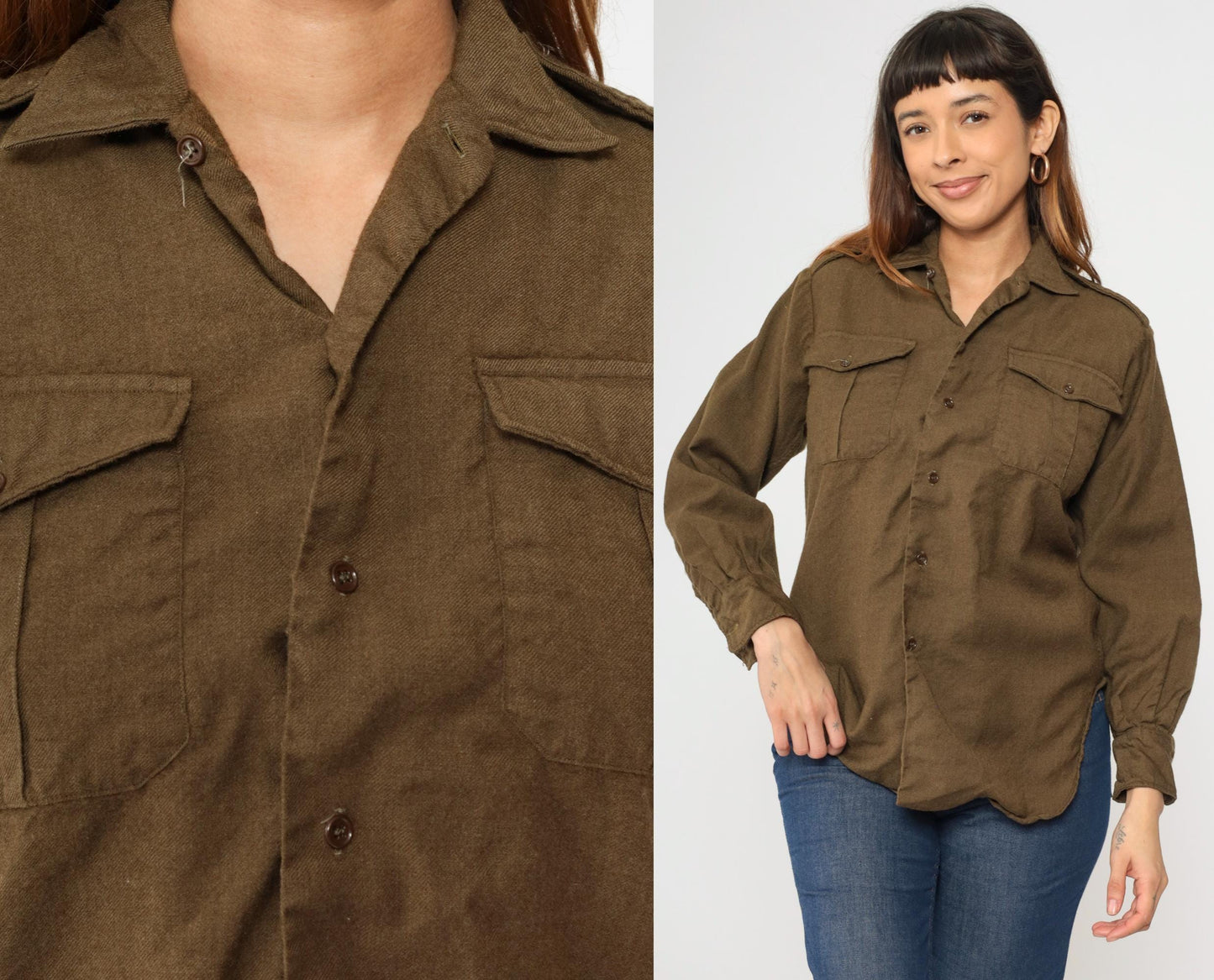 80s Olive Brown Wool Military Shirt Button Up Epaulettes Utility Pockets Small