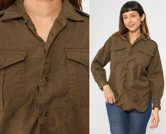 80s Olive Brown Wool Military Shirt Button Up Epaulettes Utility Pockets Small