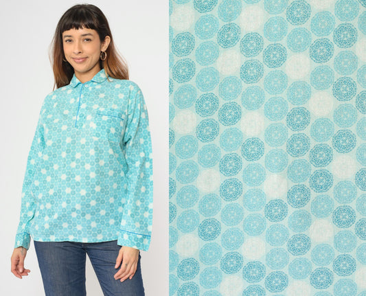 70s Kaynee Endura Press Pajama Shirt Blue Geometric Mandala Medium