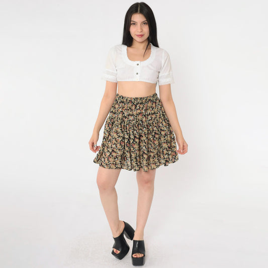 90s Floral Tiered Mini Skirt Black Olive Green Elastic Waist Small