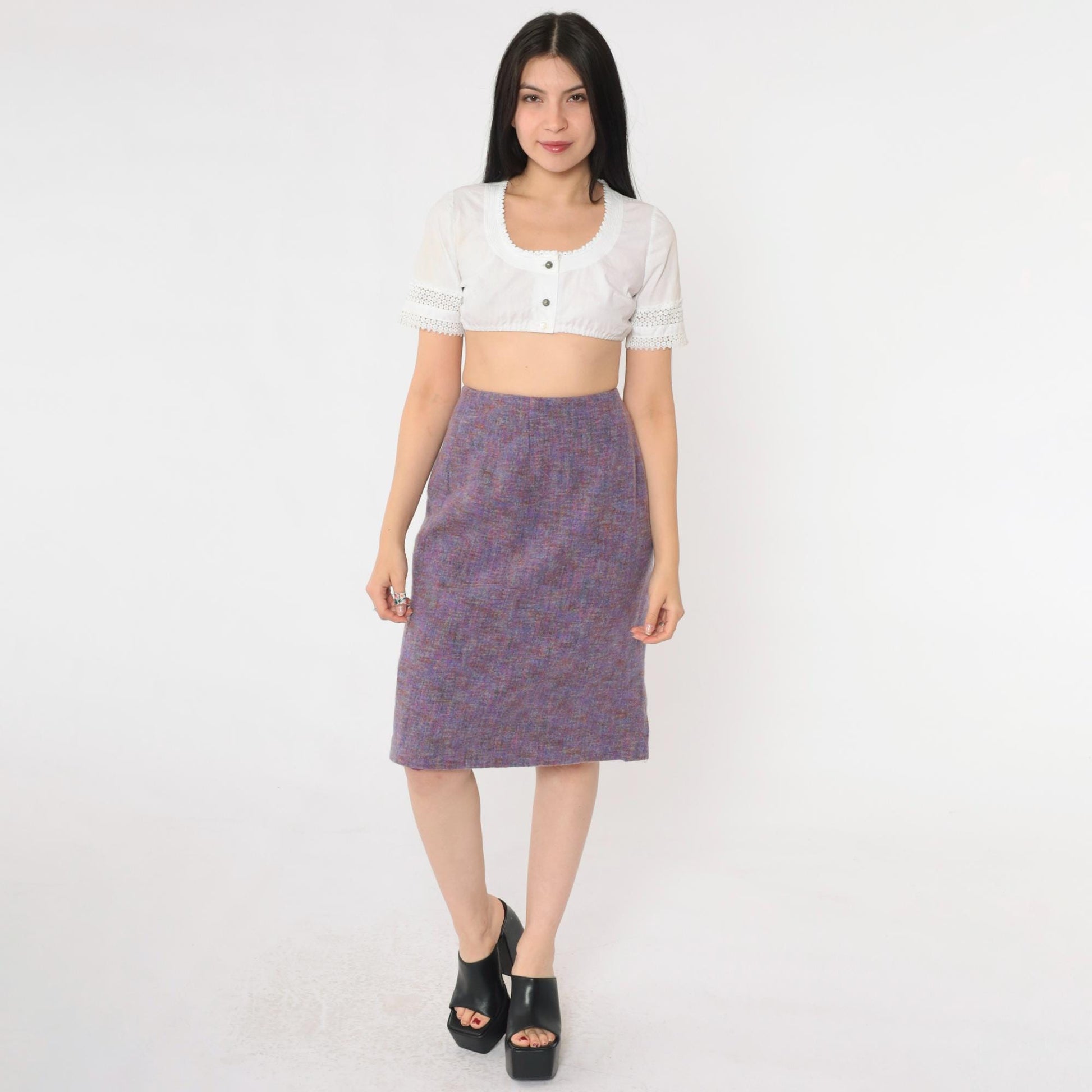 90s Worth Wool Tweed Pencil Skirt Purple High-Waist Knee-Length Small