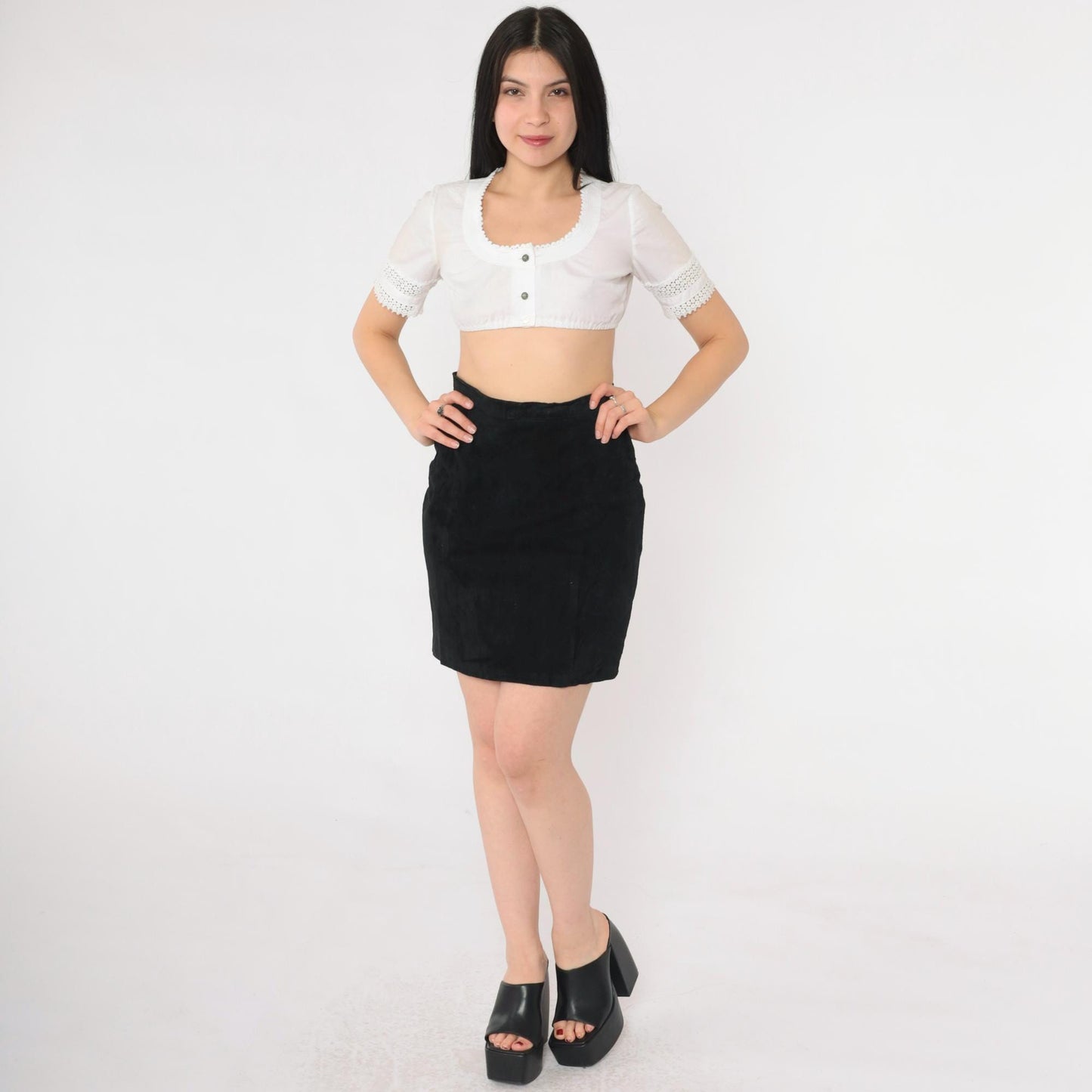 80s Black Suede Mini Skirt High Waisted Bodycon XS