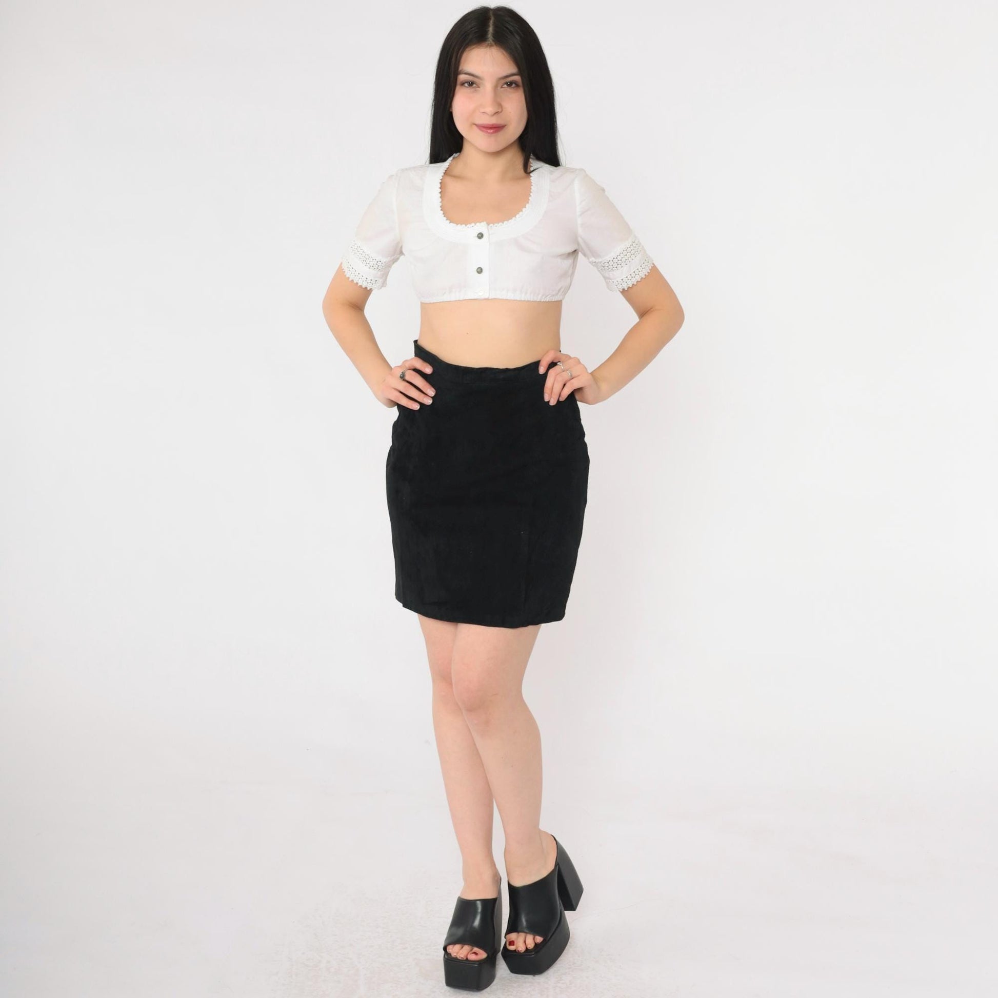 80s Black Suede Mini Skirt High Waisted Bodycon XS