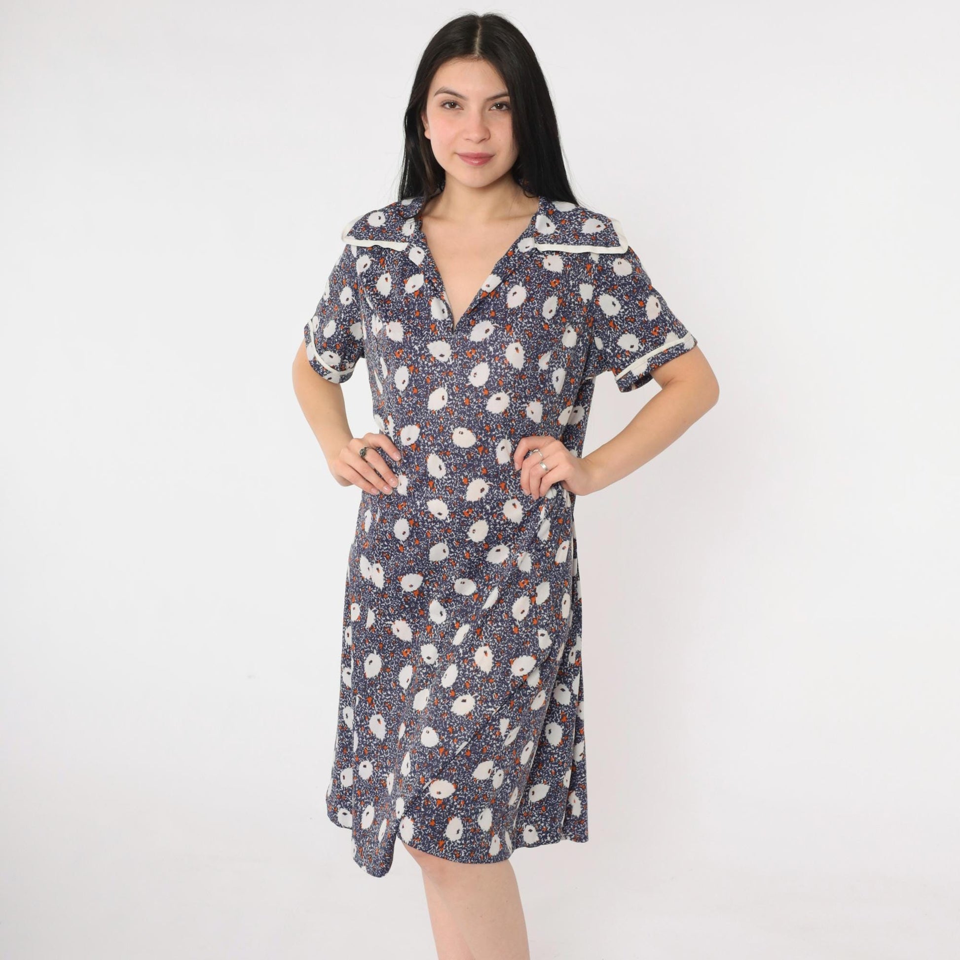 70s Blue Abstract Leaf Print Midi Dress Collared V-Neck Shift Large