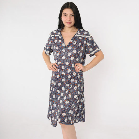 70s Blue Abstract Leaf Print Midi Dress Collared V-Neck Shift Large