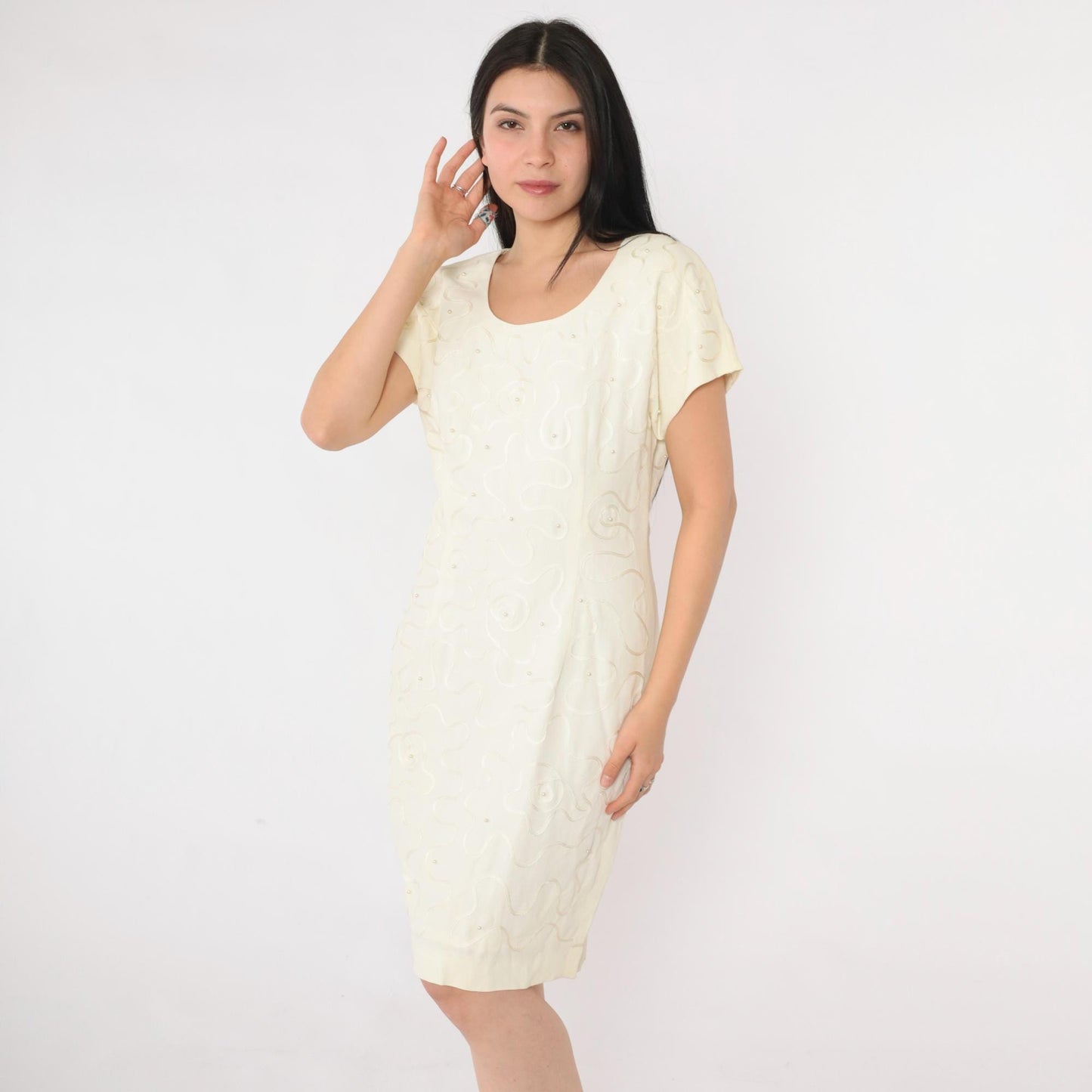 90s Donna Ricco Cream Pearl Beaded Soutache Mini Dress Scoop Neck Small