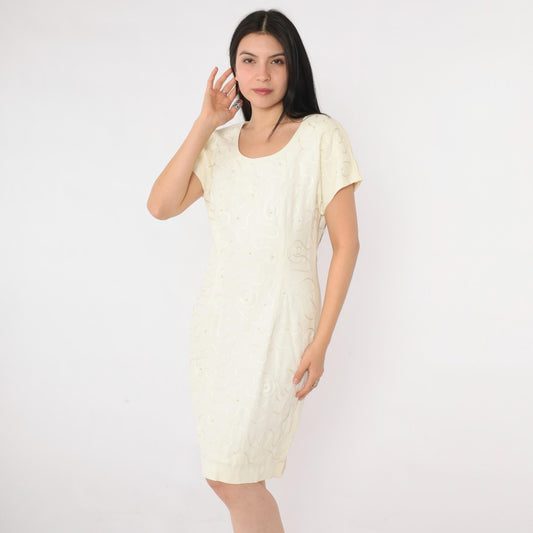90s Donna Ricco Cream Pearl Beaded Soutache Mini Dress Scoop Neck Small