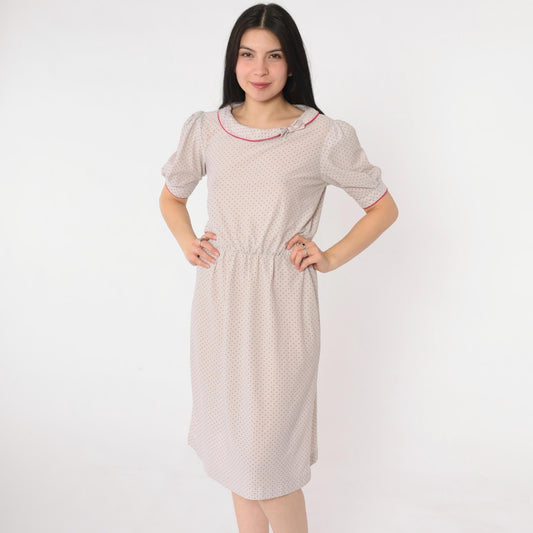 80s Grey Polka Dot Puff Sleeve Dress Pink Bow Collar High Waist Small