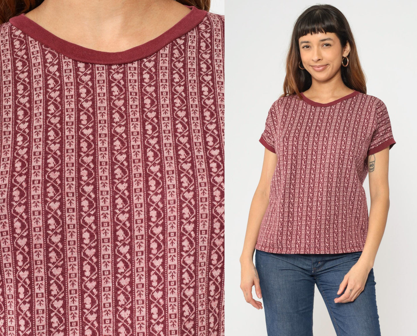 80s Scandinavian Folk Stripe Knit Tee Maroon Pink Heart Ringer Large L