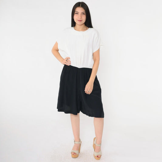 80s Black & White Two-Tone Romper Playsuit Short Sleeve Elastic Waist Large Petite