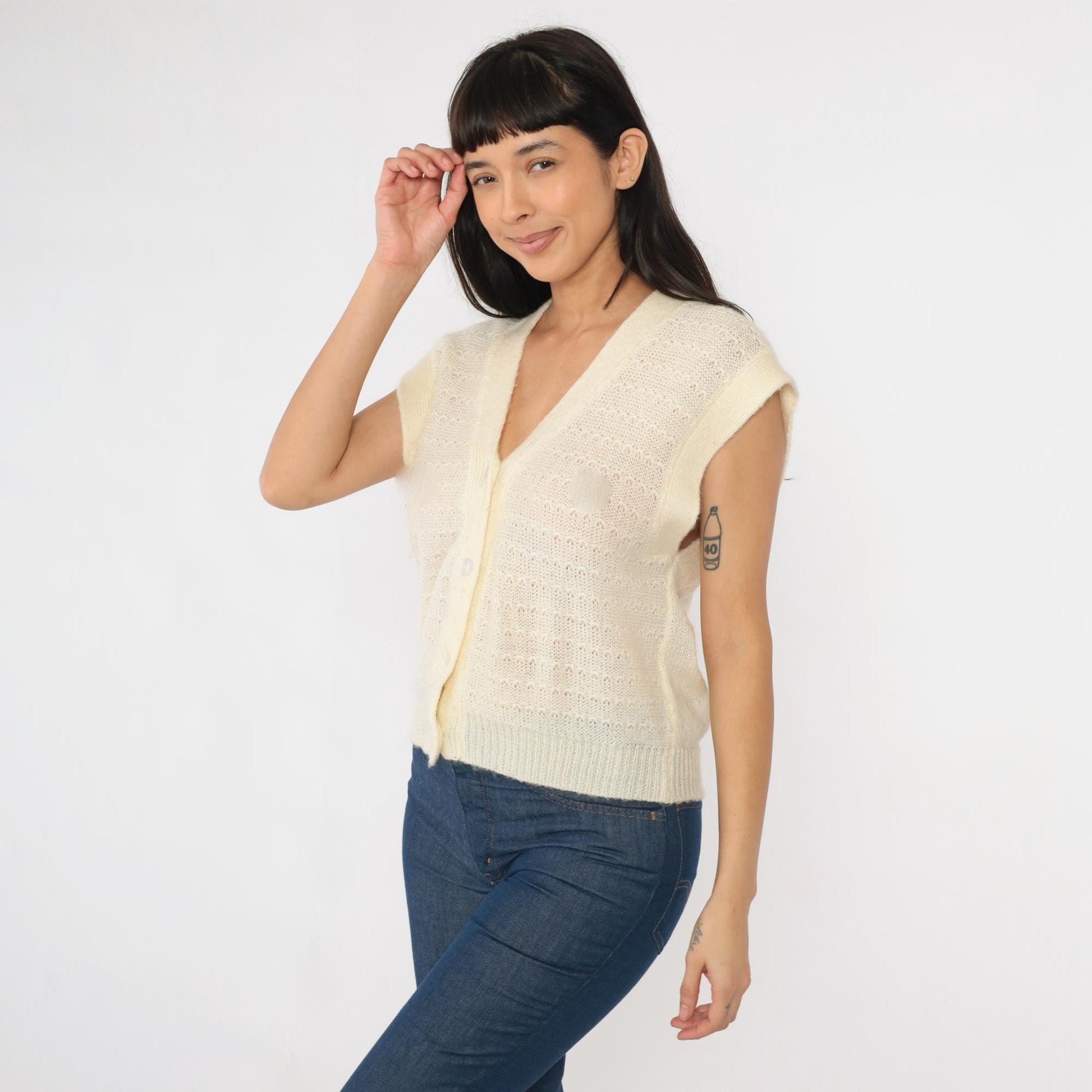 80s Cream Sheer Knit Vest Button-Up Sweater Cap Sleeve Small