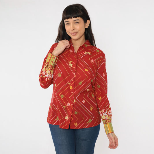 70s Striped Floral Button Up Blouse Red Zig Zag Long Sleeve Medium