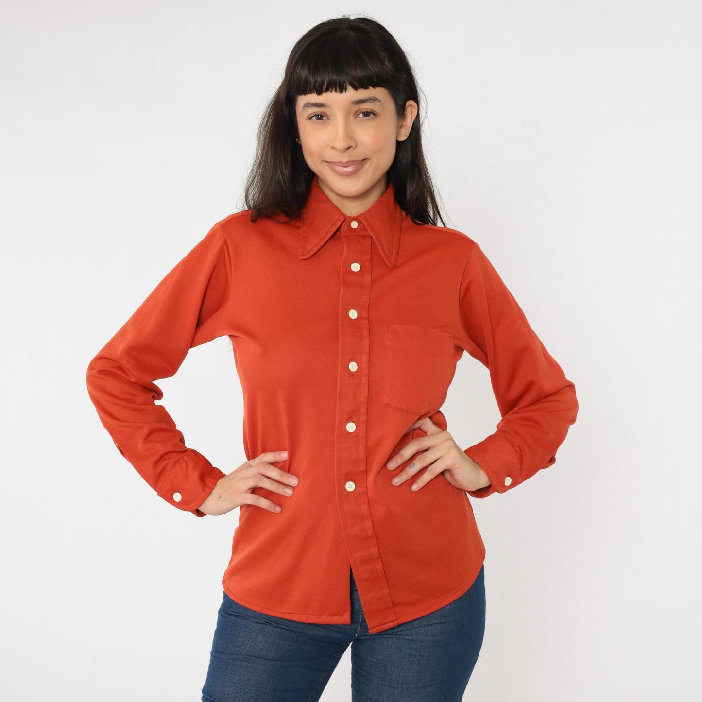 70s Rust Orange Dagger Collar Button-Up Shirt Men's Small
