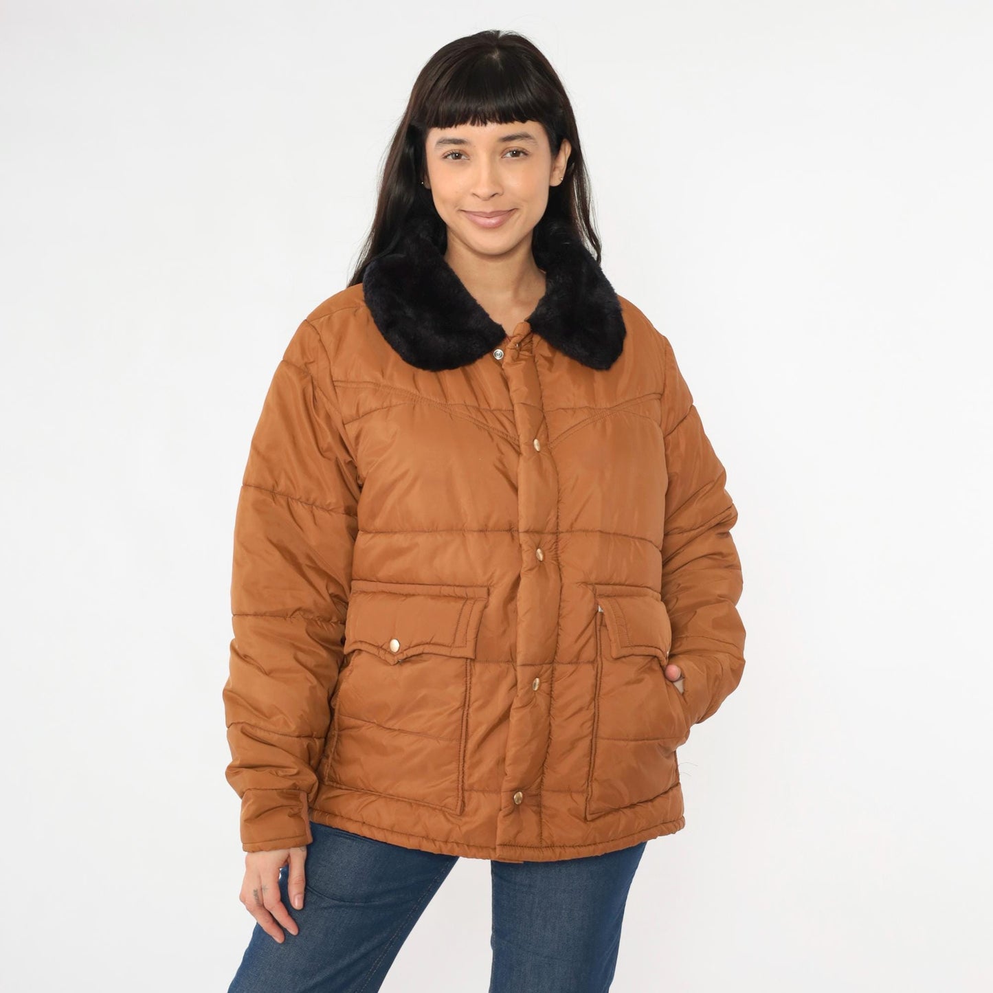 1970s Walls Blizzard Pruf Puffer Ski Jacket Brown Faux Fur Collar Large L
