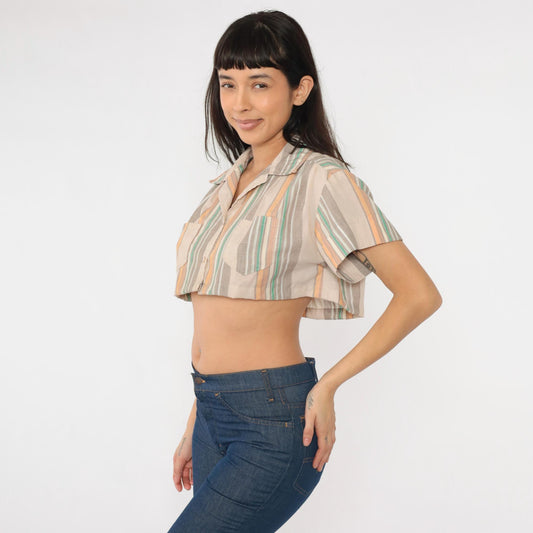 70s Striped Crop Blouse Tan Orange Green Button-Up Shirt Small Medium