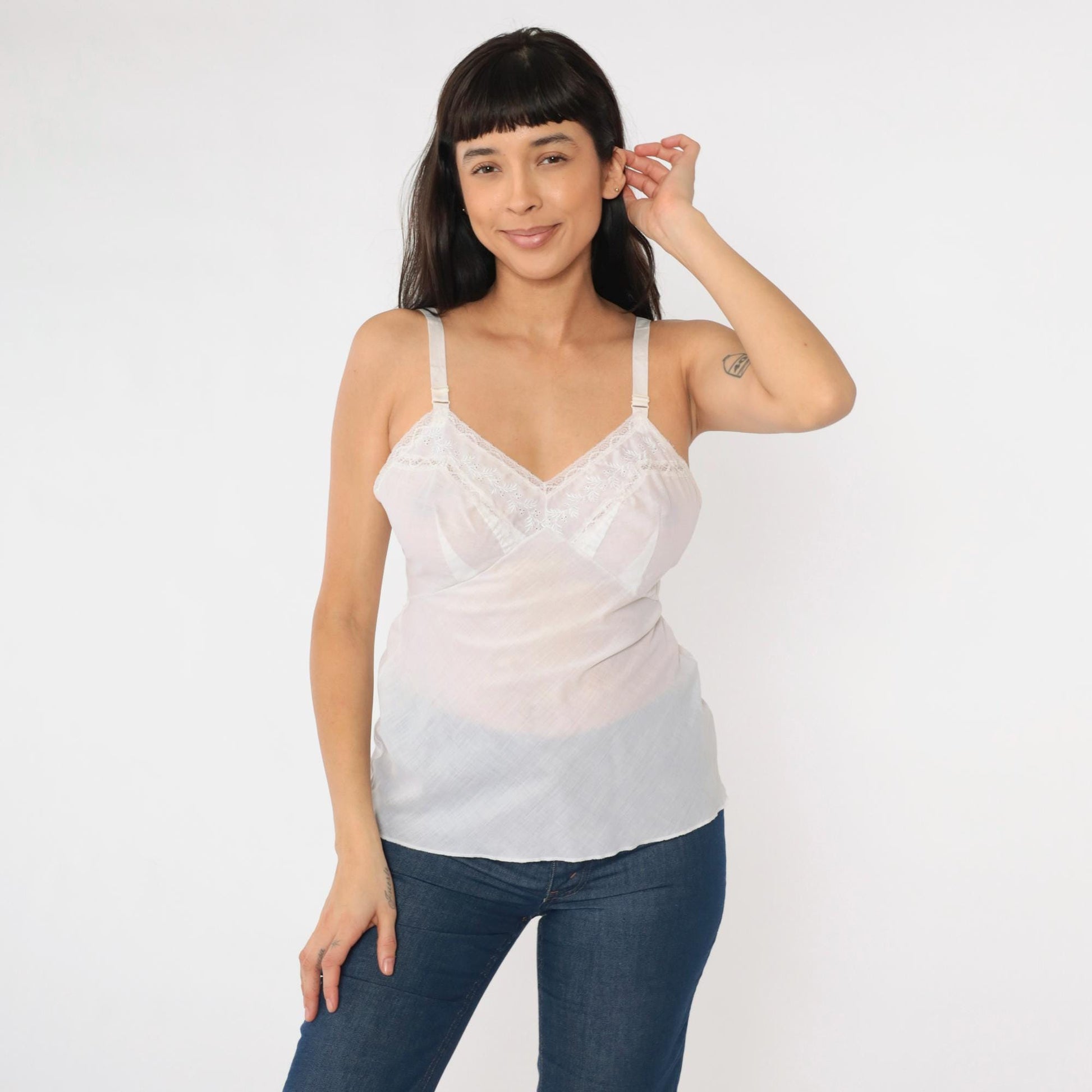 70s White Eyelet Embroidered Lace Camisole Spaghetti Strap Tank Small S