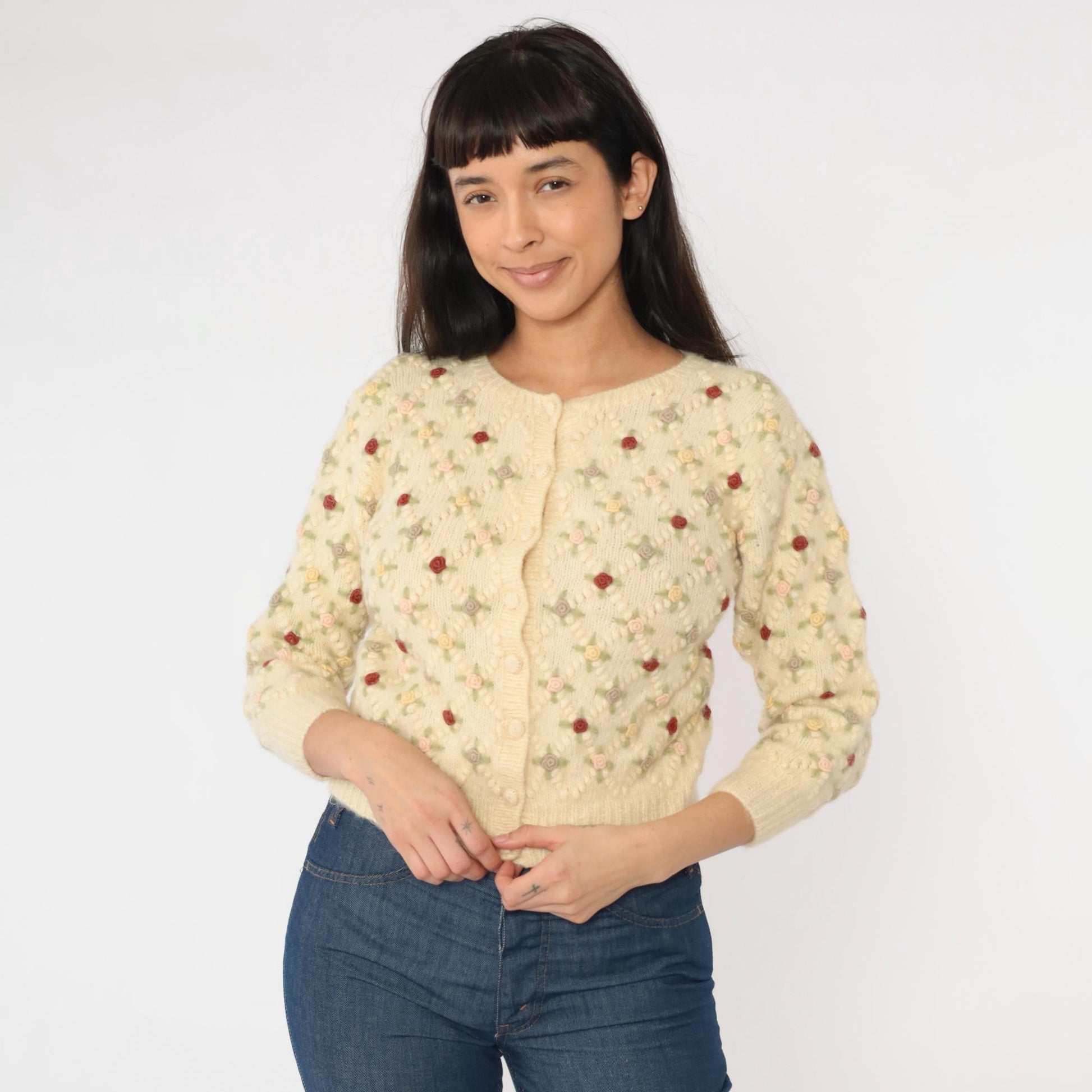 60s Wool Cardigan Cream Floral Embroidery Cropped 3/4 Sleeve Extra Small